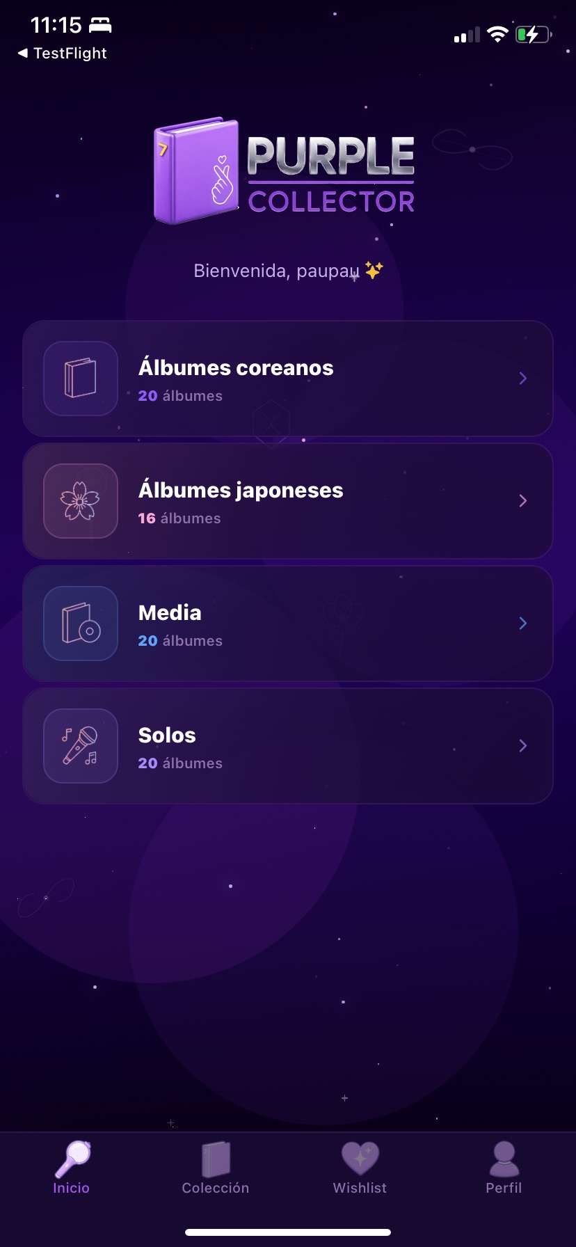 Pantalla de inicio con álbumes coreanos, japoneses, media y solos
