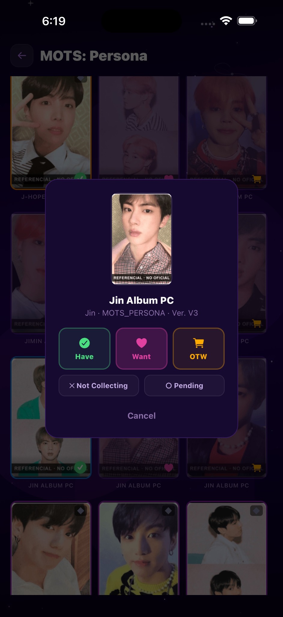 Opciones Have, Want y OTW de una photocard