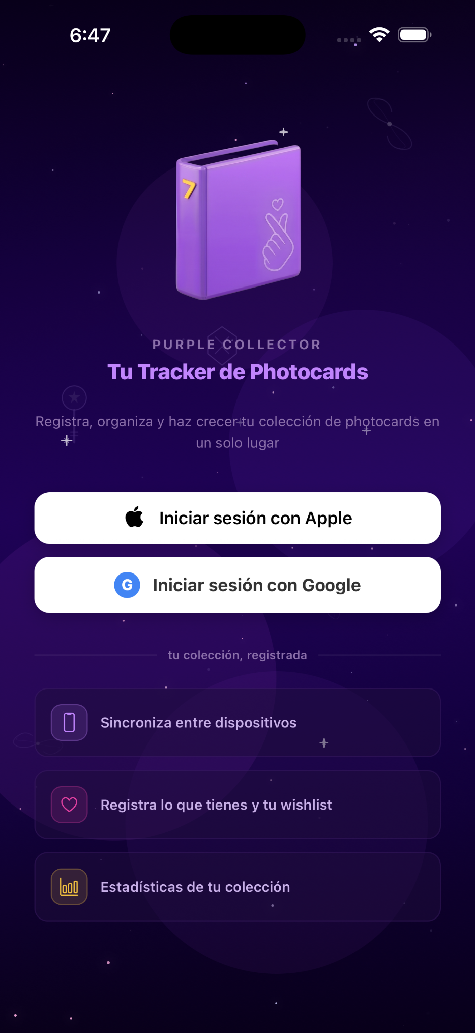Bienvenida a Purple Collector e inicio de sesión